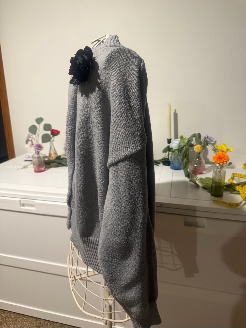 SHEIN Light Gray Crewneck Sweater with Black Floral Brooch - Picture 7 of 10